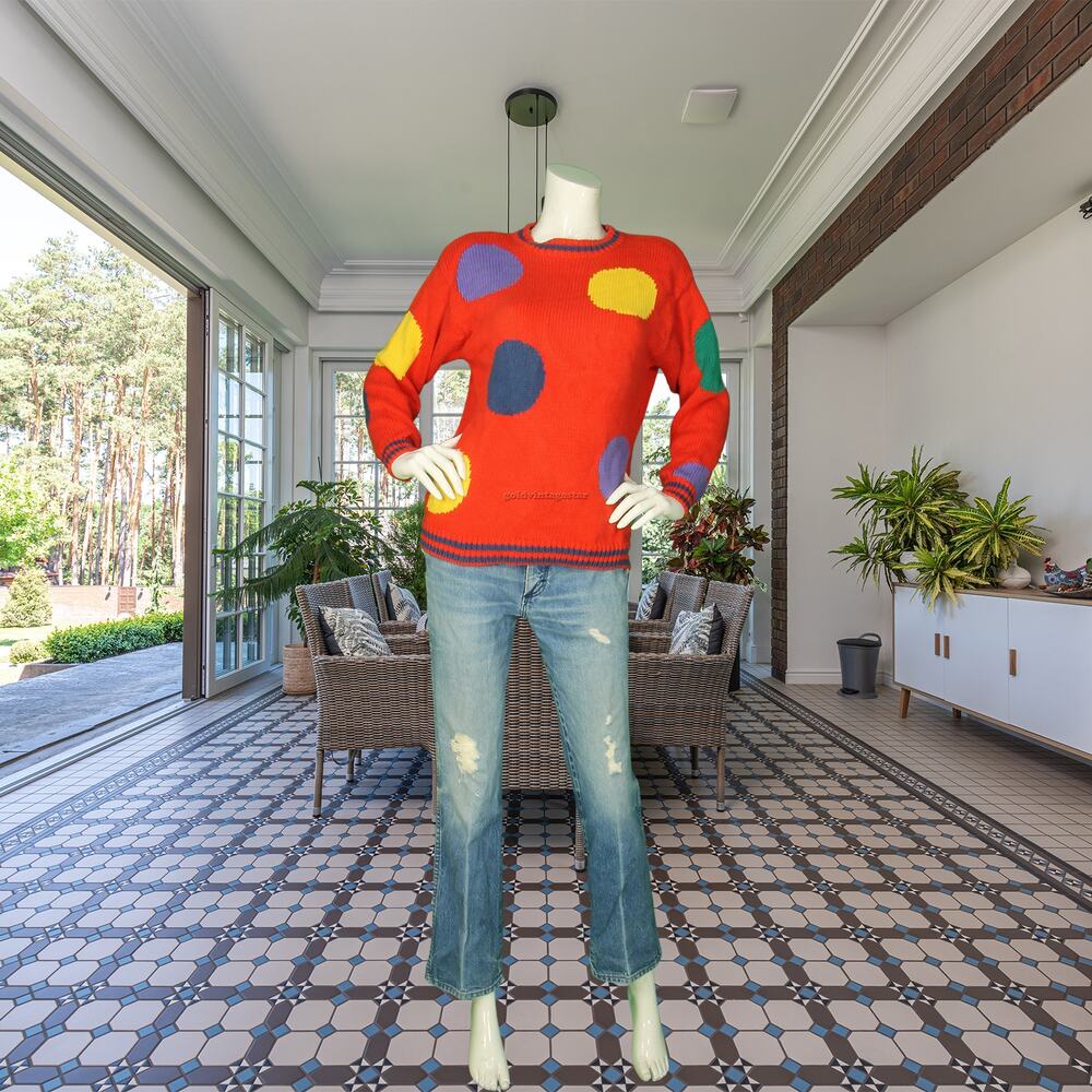 Vintage Lizwear Pullover Giant Circle Spot Polka Dot Red Knit Cotton Sweater S